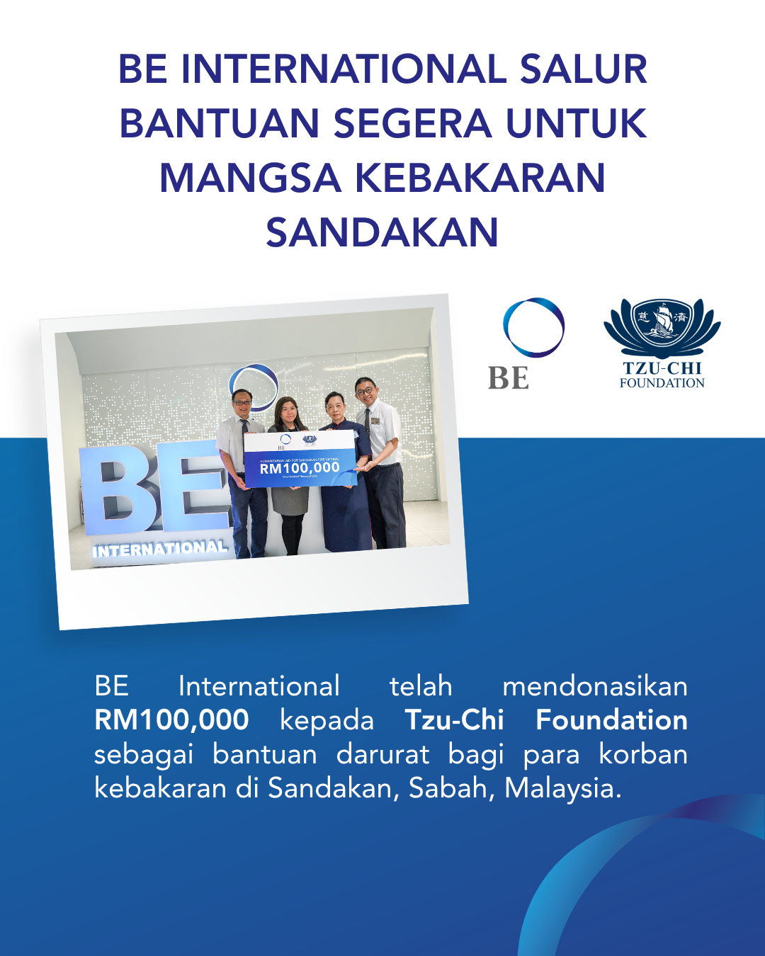 BE Mendonasikan RM100.000 dalam Bantuan Darurat untuk Kebakaran Sandakan